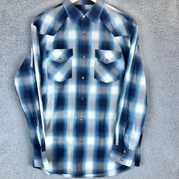 Pendleton Other - Pendleton Cotton Blue Western Pearl Brown Snap Plaid Men's Medium Rockabilly 90s